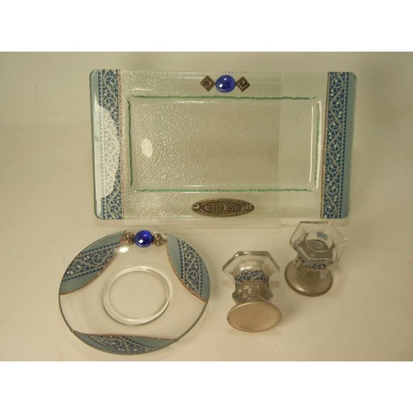 Holy Saturday: Shabbat Kadesh Set, beaded fused glass Challah Tray, candle stick - Picture 1 of 9